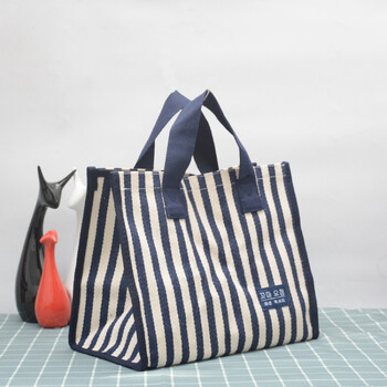 条纹帆布手提包女环保布袋子宽底手提袋大容量防水外出购物袋拎包小号