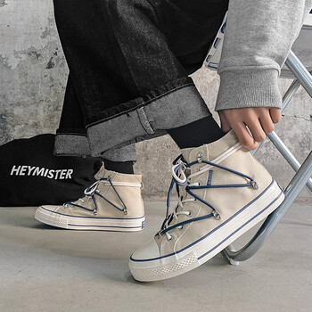 高腰帆布鞋男高帮冬季带绒新款加绒学生小众街拍ins设计感鞋高筒休闲