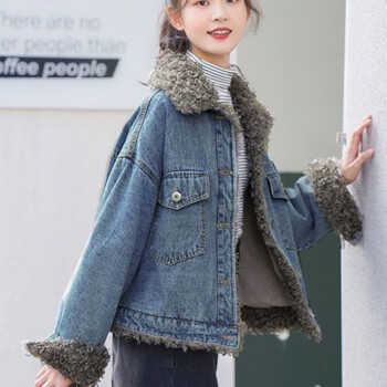 小郎人短款牛仔棉服外套女冬季新款时尚保暖棉衣领加绒加厚款蓝色xl