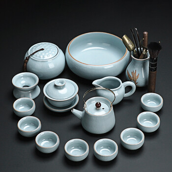 祥业 汝窑茶具套装组合高档办公室会客陶瓷中式功夫茶具盖碗茶杯 汝窑
