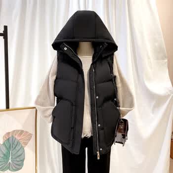 羽绒马甲女外穿带帽女短款秋冬小个子新款韩版宽松连帽黑色xxl141斤