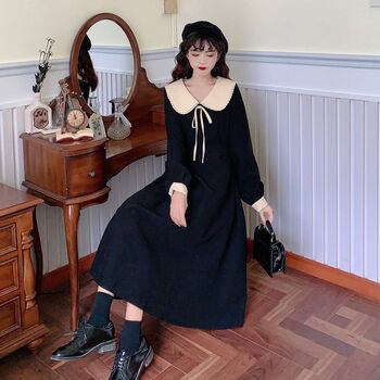 【保暖显瘦】【女装新款】秋季灯芯绒复古娃娃领蝴蝶结裙子2021年新款韩版腰带文艺连衣裙女【有运费险】 酒红色 L