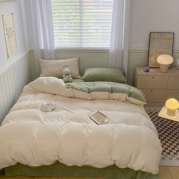 鹿禾家居 绿色yyds~秋冬牛奶绒保暖四件套珊瑚绒床品ins简约床单 米色