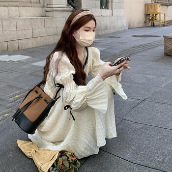 风方领连衣裙春秋季新款法式设计感蝴蝶结仙女气质长袖裙定制 杏色 s