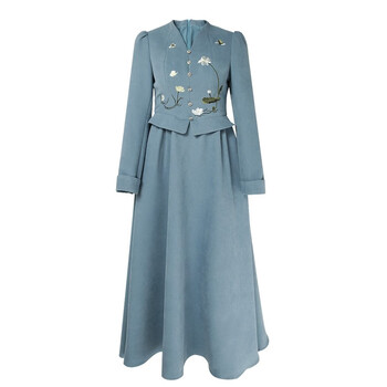 原创设计师女装女巫和骑士中国风修身时尚气质假两件2021冬季新款长袖连衣裙长裙 蓝色 XL