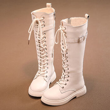 靴子秋冬中大童高筒皮靴长靴潮靴英伦公主鞋马丁靴棉米白色加绒二棉棉