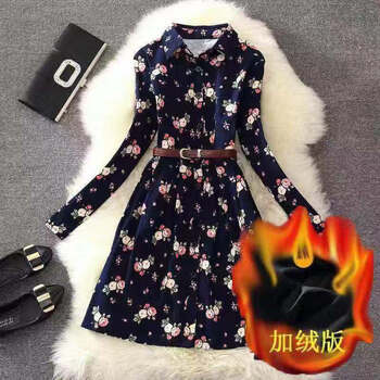 【女装新款】新款秋冬装长袖碎花甜美连衣裙中长款气质收腰打底裙子女 蓝底彩碎花 L 90斤-105斤