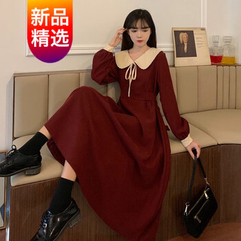 【保暖显瘦】【女装新款】秋季灯芯绒复古娃娃领蝴蝶结裙子2021年新款韩版腰带文艺连衣裙女【有运费险】 酒红色 L