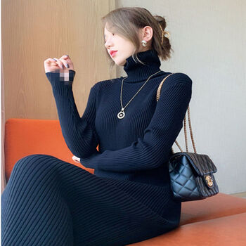 【品质女装 都是好货】秋冬新款高领针织连衣裙女加厚内搭打底裙中长款毛衣裙过膝 黑色 XL