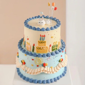 父母女友儿童网红蓝莓生日蛋糕定制当日送达复古唯美双层蓝白色12寸