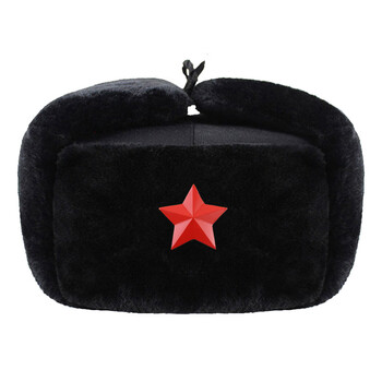 德梵帝冬季保安棉帽黑色加厚栽绒雷锋帽东北皮帽防 黑布棉帽红五星