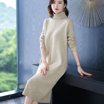 琳诗璐秋冬款针织毛线连衣裙女长款长毛衣裙子裙高领配衣内搭韩版打底