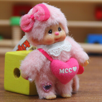 正版蒙奇奇挂件毛绒公仔车钥匙扣包包洋娃娃玩具粉色爱心女孩约8cm
