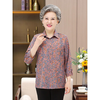 妈妈装老太太衬衫奶奶装中袖套装军浩f15款粉色上衣xl建议75斤90斤