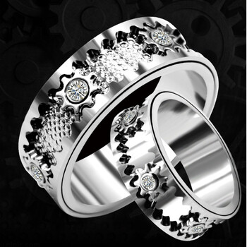 s925纯银男士时来运转齿轮戒指感食指戒可转动2022年新款潮白金色满珠