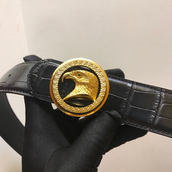 史蒂芬24k镀黄金扣头头层牛皮实心纯铜鳄鱼纹皮带腰带老鹰头黄金扣