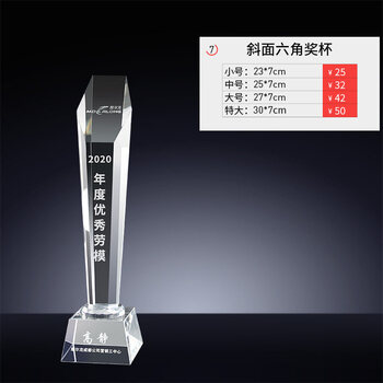 木质奖牌劳动模范楷模先进个人荣誉水晶奖杯定制专家斜面六角水晶奖杯