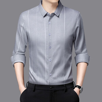 柒貔春季男士衬衫新品中青年长袖薄款时尚条纹翻领棉衬衣休闲男装浅灰