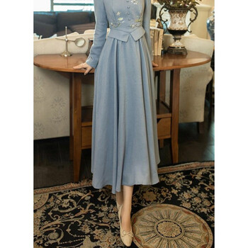 原创设计师女装女巫和骑士中国风修身时尚气质假两件2021冬季新款长袖连衣裙长裙 蓝色 XL