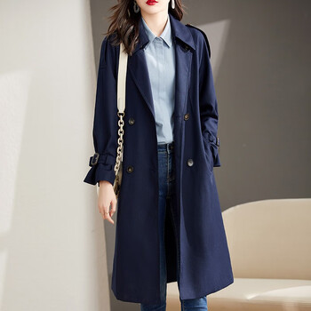 比拉英伦风双排扣收腰风衣外套女春装中长款大衣 111f33741 藏蓝色 xl