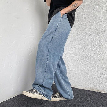 aemape苹果莱赛尔天丝牛仔裤男夏薄款垂感冰丝阔腿裤子直筒抽绳拖地