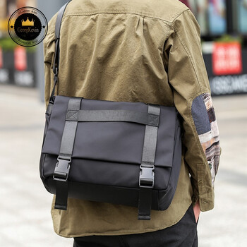 帆布单肩包男休闲斜挎包日系防水牛津布包大容量邮差包男士背包黑色