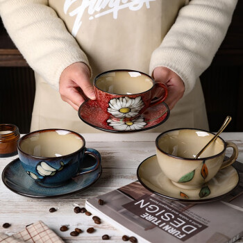 舍里复古窑变陶瓷拿铁拉花咖啡杯碟套装创意情侣杯马克杯子早餐杯白色