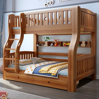 儿童床胡桃木上下铺床升级版实木高低床成人子母上下床双层床爬梯款