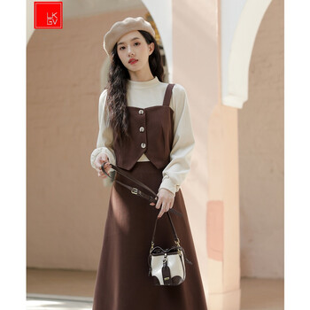 港风长裙女秋冬吊带假两件冬季2021新款小个子打底连衣裙女配咖啡色s