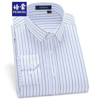 培蒙 衬衫男秋季dp免烫长袖透气条纹衬衣男商务休闲绅士宴会正装上班