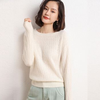 精品圆领羊绒衫女阔太太纯山羊绒毛衣落肩袖宽松打底针织衫女乳白色s