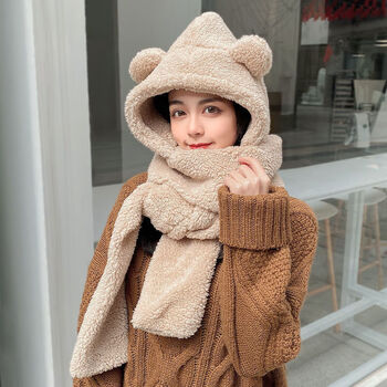 甄萌小熊围巾女帽子手套新款网红连帽围脖一体冬季韩版百搭保暖可爱绒