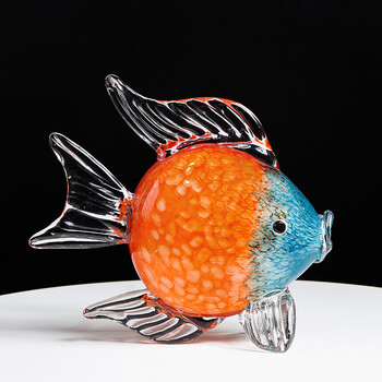 琉璃玻璃嘴鱼对嘴鱼摆件中式轻奢招财工艺品家居样板房软装饰品桔蓝