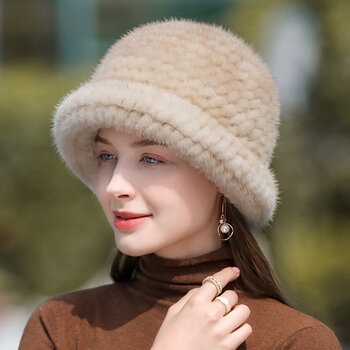 水貂毛帽子女士冬季皮草礼帽编织保暖老人帽貂皮帽新款裘皮帽冬天浅