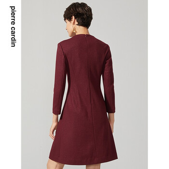 皮尔卡丹女装酒红色羊毛连衣裙时尚高端A字裙P94DL04T0 酒红色 44A(175/104A)