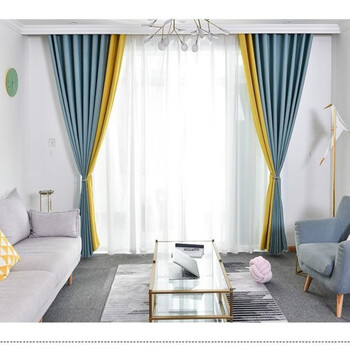 花仟陌杆窗帘全套带杆遮光卧室客厅简约现代隔热防晒拼接免打孔蓝黄改
