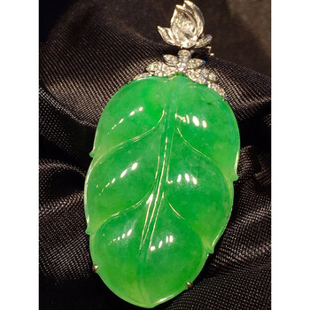 绿翠天成翡翠冰种阳绿树叶叶子玉叶吊坠缅甸a货翡翠18k金镶嵌珠宝送礼