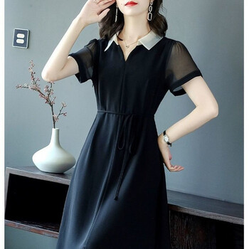 中年女人带领连衣裙雪纺黑色v领收腰潮流年新品年轻妈妈欧根纱长裙子