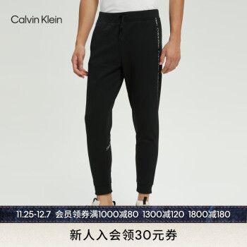 Calvin Klein 运动秋冬男士撞色提花织带抽绳腰束脚加绒跑步休闲裤4MF2P602 001-黑色 XL