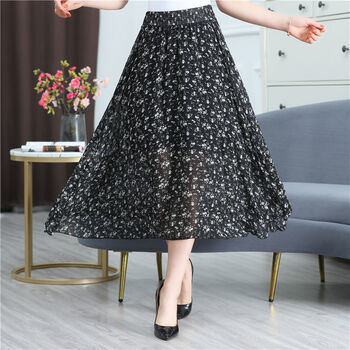 锦竞 春夏天褶皱裙中年女士中长款半身裙子中老年夏季雪纺半身裙女