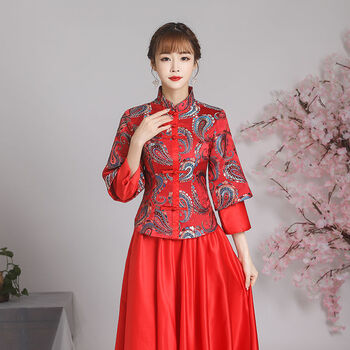 伴娘服婚礼姐妹团女修身大码中国风喜娘聚会旗袍宴会结婚礼服红色枇杷