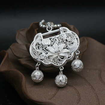 纪兮竹999金鱼莲花长命锁吊坠女款平安锁项链毛衣链宝宝银饰礼品 鱼莲