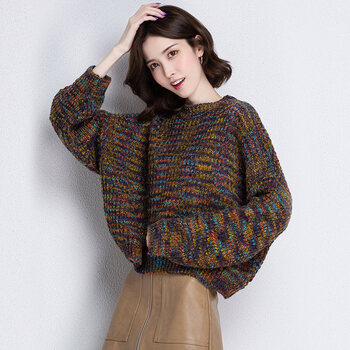 歌米拉针织衫女粗棒针低圆领毛衣女装年新款秋冬季外穿宽松短款针织