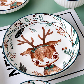 肃匠陶瓷餐具简约卡通盘子碗套装釉下彩餐具鹿灵7英寸盘1只