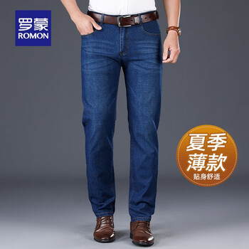 罗蒙(ROMON)商务百搭牛仔裤男士春夏款中青年弹力直筒裤宽松休闲长裤子爸爸装 浅蓝色 30 (165)