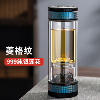 茶之恋 【官方】999纯银彩钛版茶水分离泡茶杯双层玻璃杯便携透明水杯子 彩钛版-999纯银莲花-菱格纹