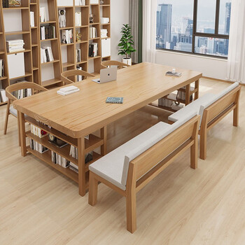 润亚(runya) 北欧实木大书桌书架一体学习桌简约家用办工桌客厅长条