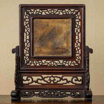 清代红木镶云石山岗夕影插屏文玩古董收藏中式艺术品摆件屏风