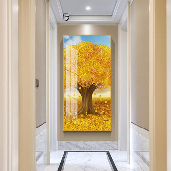 发财树玄关竖版现代简约壁画客厅走廊尽头挂画入户玄关晶瓷装饰画e50