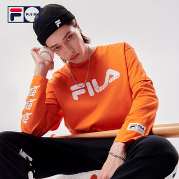 fila fusion斐乐潮牌男装长袖t恤时尚字母假两件式上衣柿橙色s